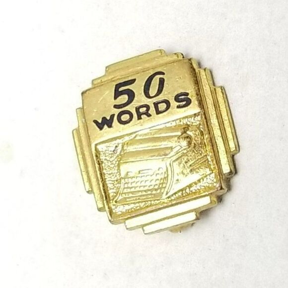 Vintage 50 Words a Minute Typing Award Pin, Gold Tone Brooch, Retro Estate - Picture 1 of 5